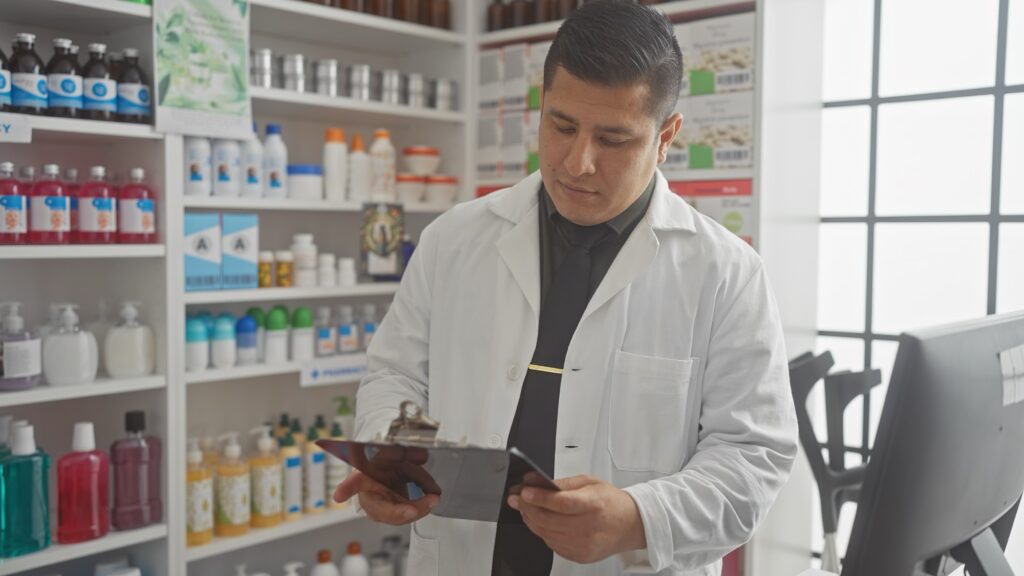 Przystojny latynoski farmaceuta recenzje schowek w nowoczesnej drogerii